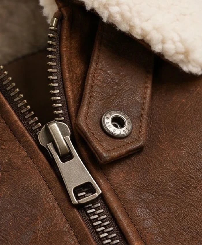 Men Aviator Suede Brown Leather Jacket Collar and zip