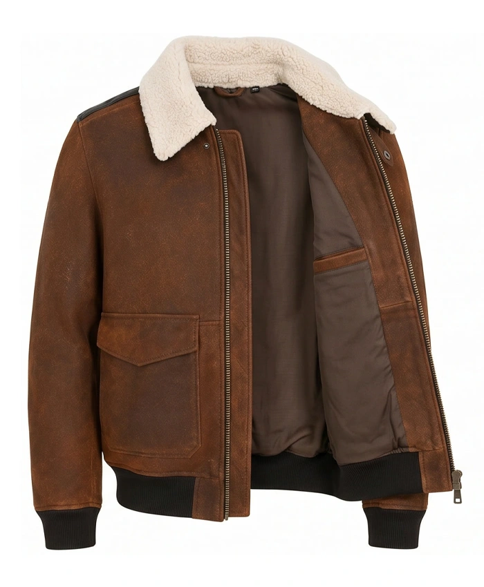 Men Aviator Suede Brown Leather Jacket Inner Pocket