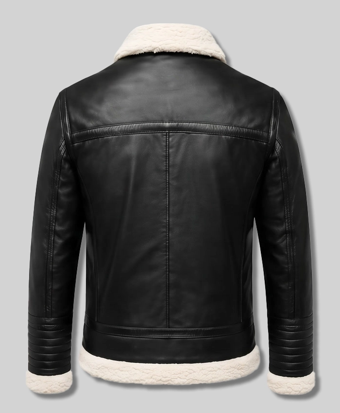 Men Black Shearling Leather Jacket Back
