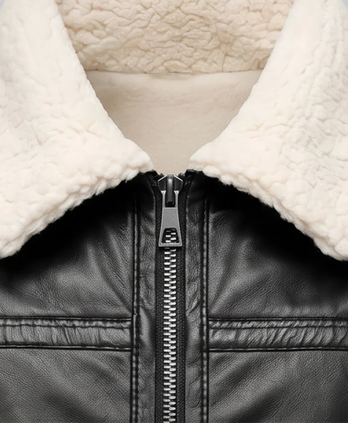 Men Black Shearling Leather Jacket Collar