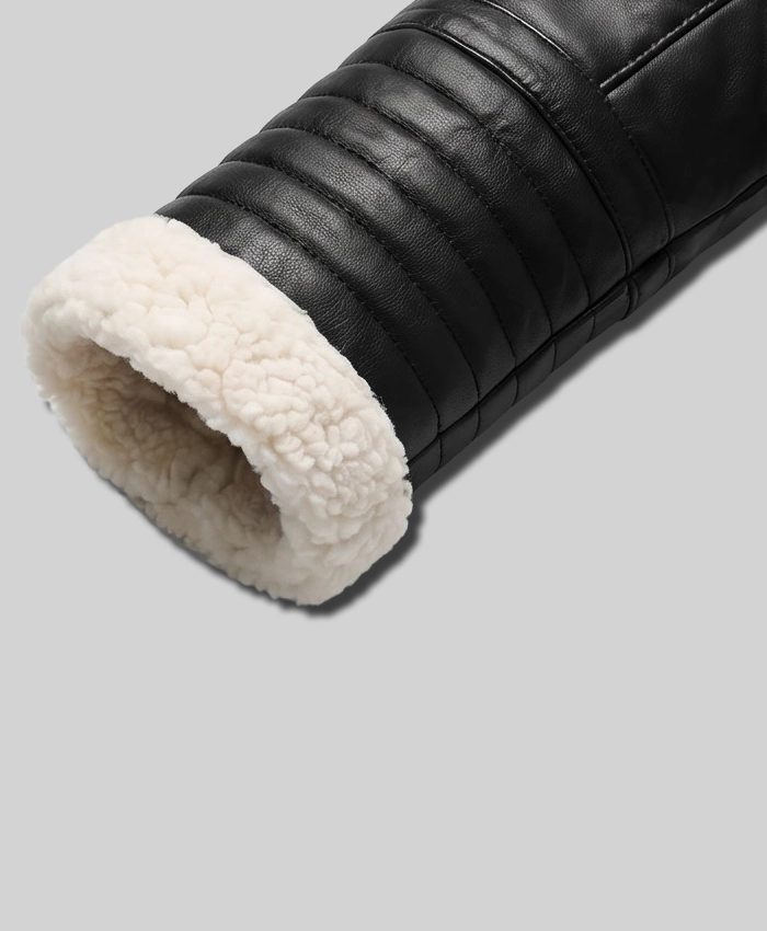 Men Black Shearling Leather Jacket Cuffs