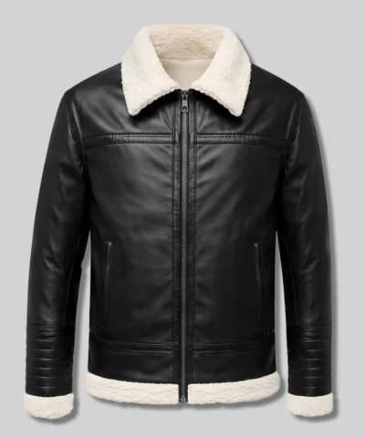 Men Black Shearling Leather Jacket Front