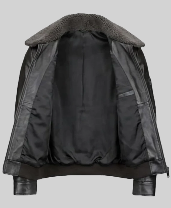 Men Shearling Collar Black Leather Jacket