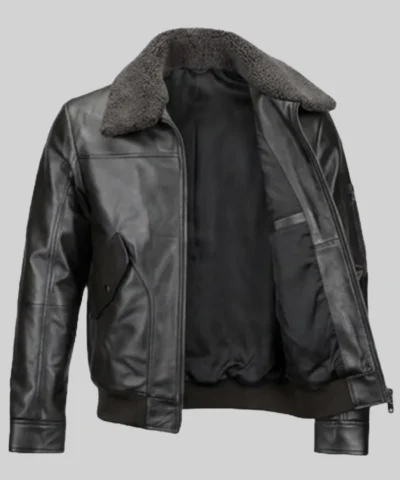Men Shearling Collar Leather Black Jacket