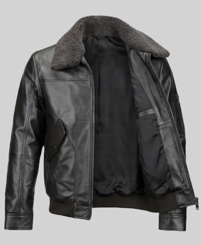 Men Shearling Collar Leather Black Jacket