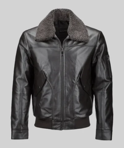 Men Shearling Collar Leather Jacket