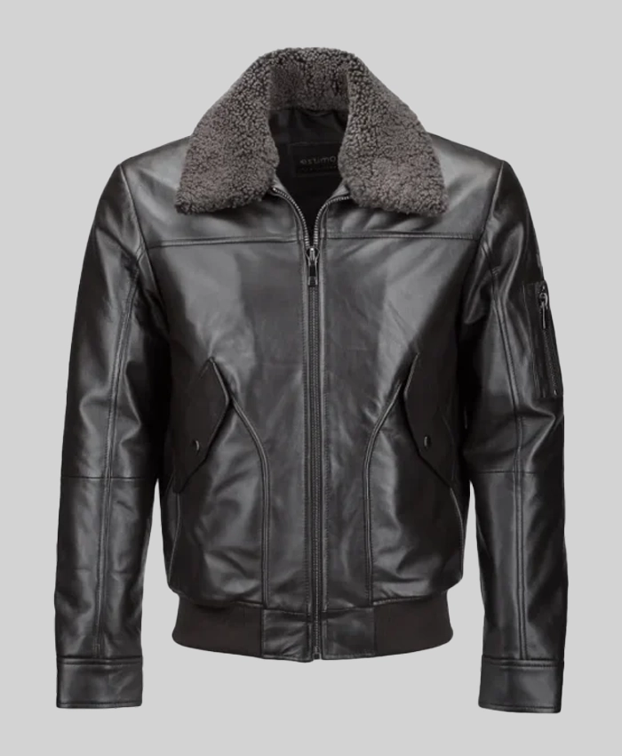 Men Shearling Collar Leather Jacket