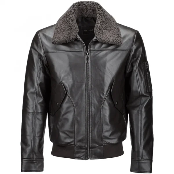 Men Shearling Collar Leather Jacket