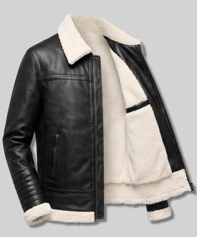 Mens Black Shearling Leather Jacket Front
