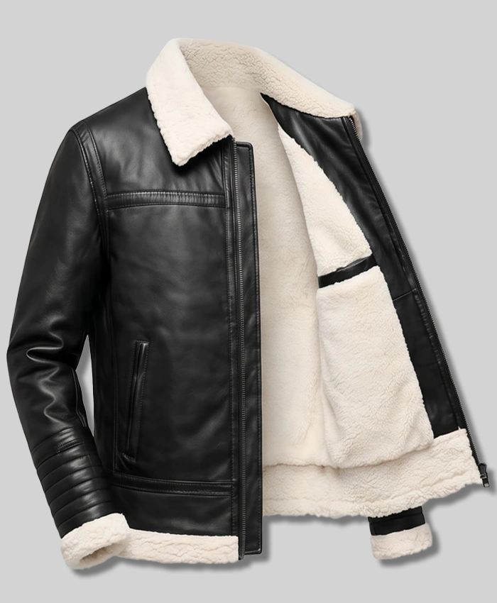 Mens Black Shearling Leather Jacket Front