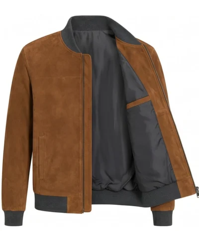 Mens Brown Suede Bomber Leather Jacket Inner Pocket