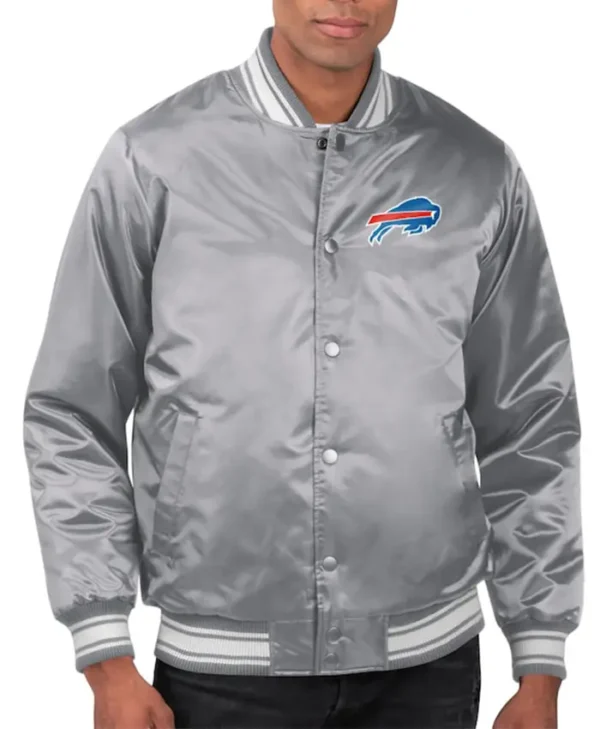 Mens Buffalo Bills Satin Gray Varsity Jacket