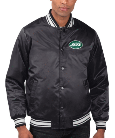 Mens New York Jets Starter Black Satin Varsity Jacket