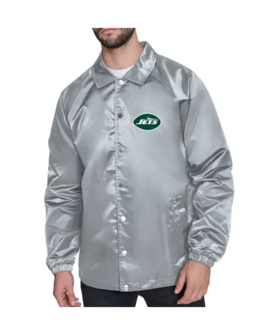 Mens New York Jets Starter Gray Raglan Coaches Jacket