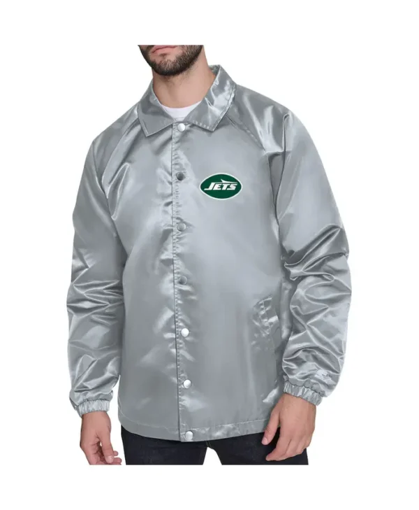 Mens New York Jets Starter Gray Raglan Coaches Jacket