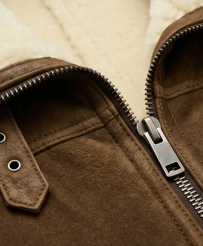 Mens Tan Brown Shearling Jacket Close Up Collar