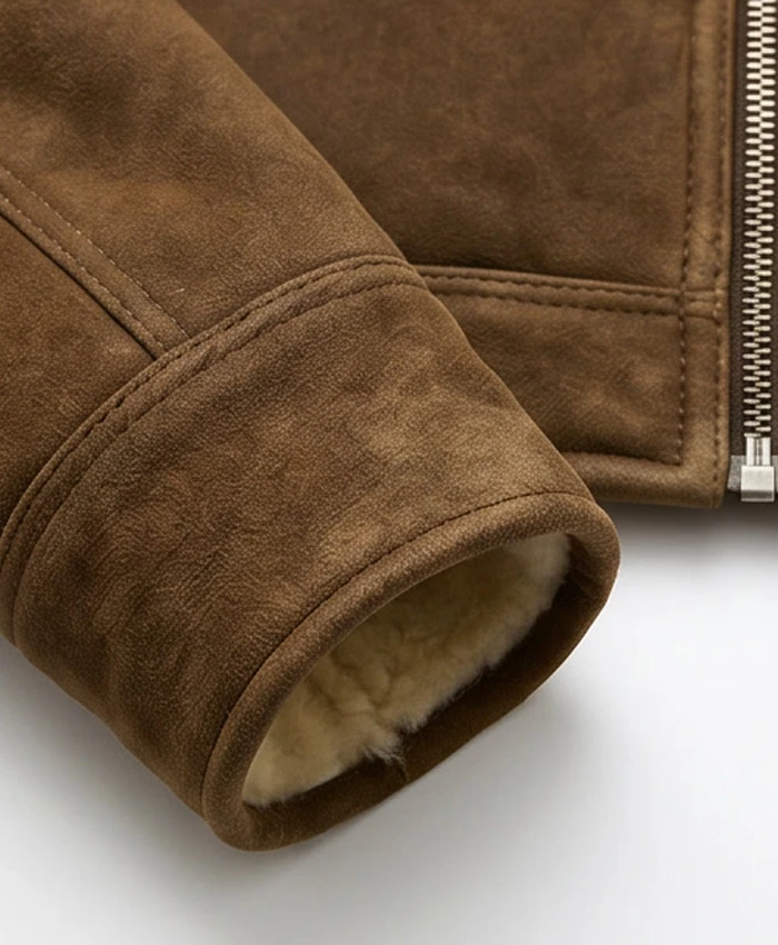 Mens Tan Brown Shearling Jacket Close Up Cuffs