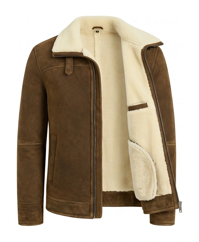 Mens Tan Brown Shearling Jacket Inner Pocket