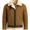 Shearling-Lined Brown Aviator Leather Jacket For Mens