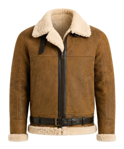 Shearling-Lined Brown Aviator Leather Jacket For Mens