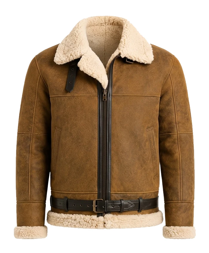 Shearling-Lined Brown Aviator Leather Jacket For Mens
