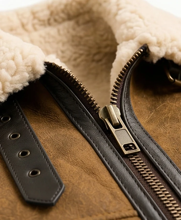Shearling-Lined Brown Aviator Leather Jacket Mens Close Up Collar