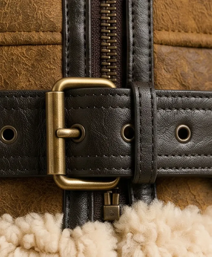 Shearling-Lined Brown Aviator Leather Jacket Mens Close Up Hemline