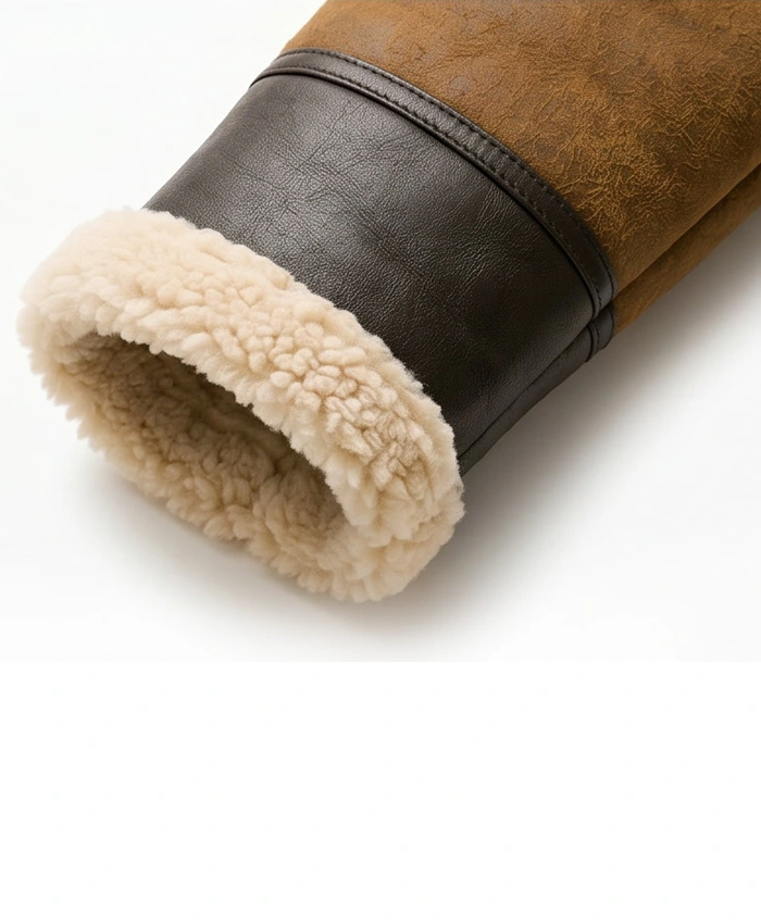 Shearling-Lined Brown Aviator Leather Jacket Mens Close up Cuffs