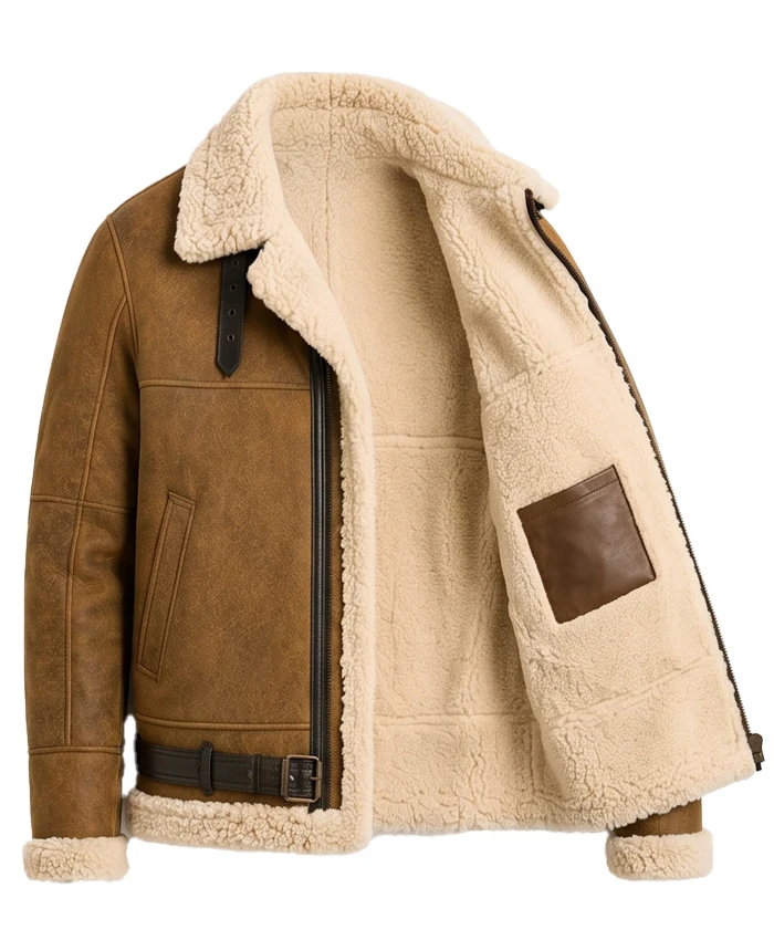 Shearling-Lined Brown Aviator Leather Jacket Mens