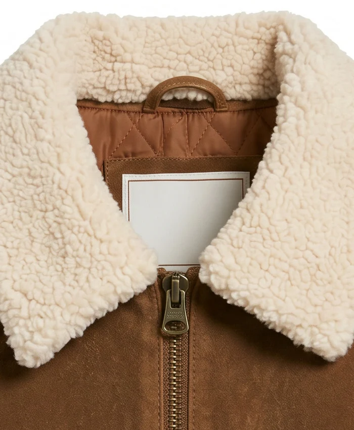 Suede Shearling Bomber Leather Jacket For Men Close Up Collar