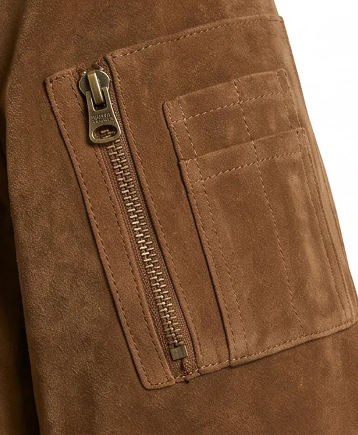 Suede Shearling Bomber Leather Jacket For Mens Sleeve Pocket