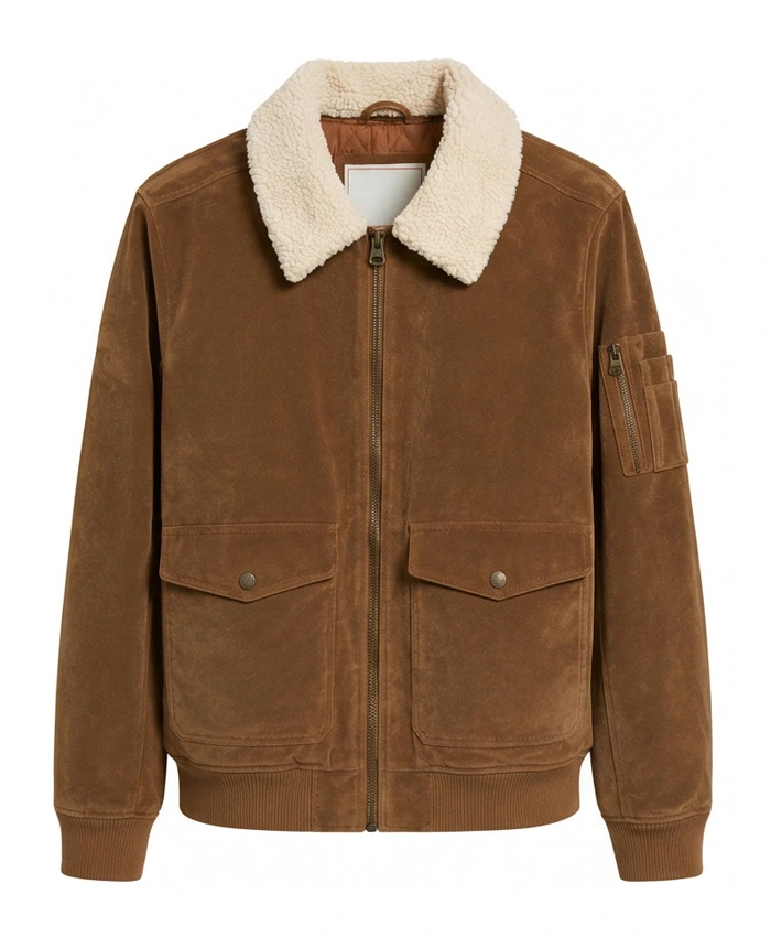 Suede Shearling Bomber Leather Jacket For Mens