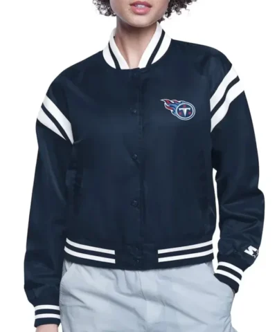 Tennessee Titans Printed Logo Varsity Satin Jacket - Navy Blue