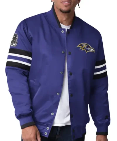 The Scout I Ravens satin bomber delivers sleek, lightweight style with bold team graphics — perfect for repping Baltimore with swagger and comfort.