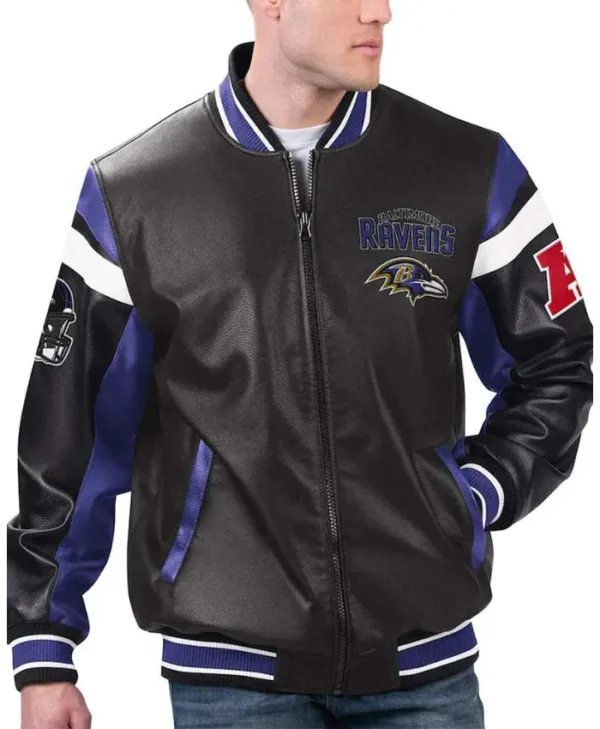 Mens Baltimore Ravens Varsity Full-Zip Black Leather Jacket
