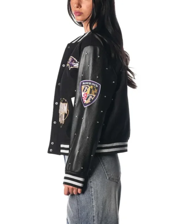 Women' Baltimore Ravens The Wild Collective Black Varsity Full-Snap Sparkle Jacket