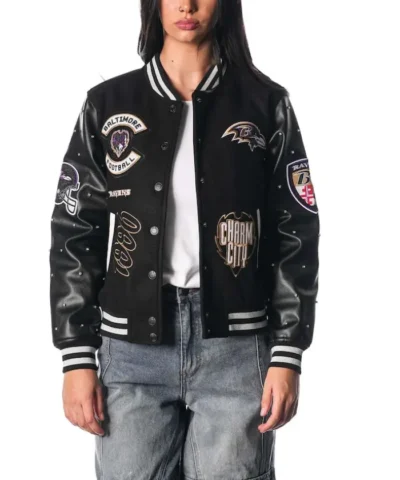Women's Baltimore Ravens The Wild Collective Black Varsity Full-Snap Sparkle Jacket