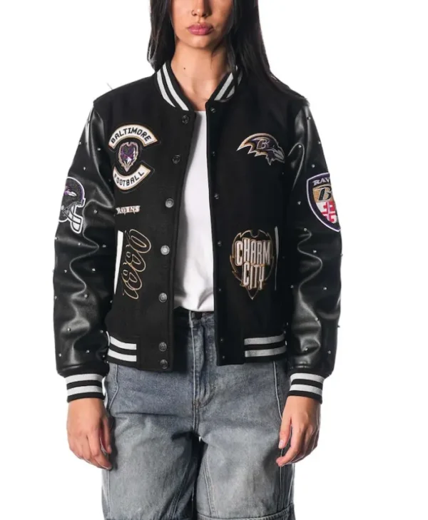 Women's Baltimore Ravens The Wild Collective Black Varsity Full-Snap Sparkle Jacket