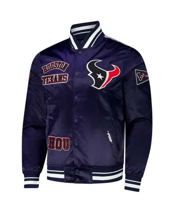 Turn heads in the Texans Navy Sublimated Satin Jacket—bold allover design, sleek satin feel, and standout Houston pride.