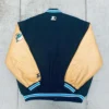 90’s Miami Dolphins Varsity Navy and Beige Wool and Leather Jacket