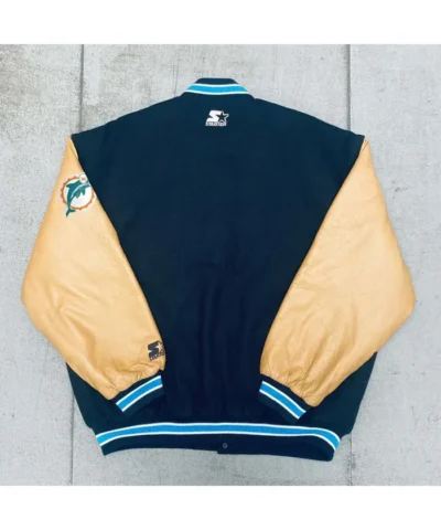 90’s Miami Dolphins Varsity Navy and Beige Wool and Leather Jacket