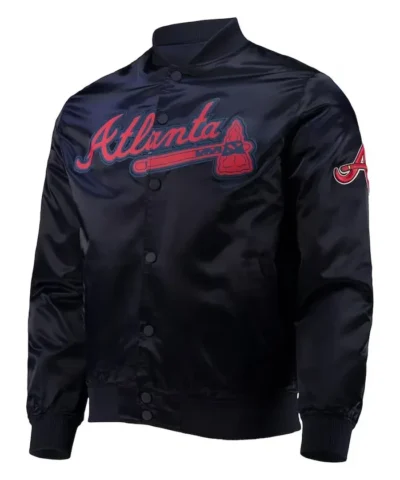Buy Now Atlanta Braves Wordmark Full Snap Satin Bomber Navy Jacket