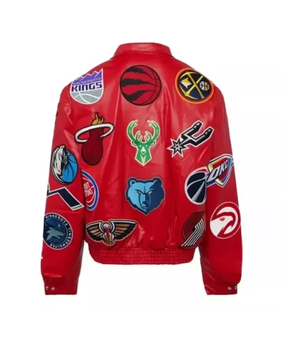 NBA Collage Multi Patches Red Leather Jacket