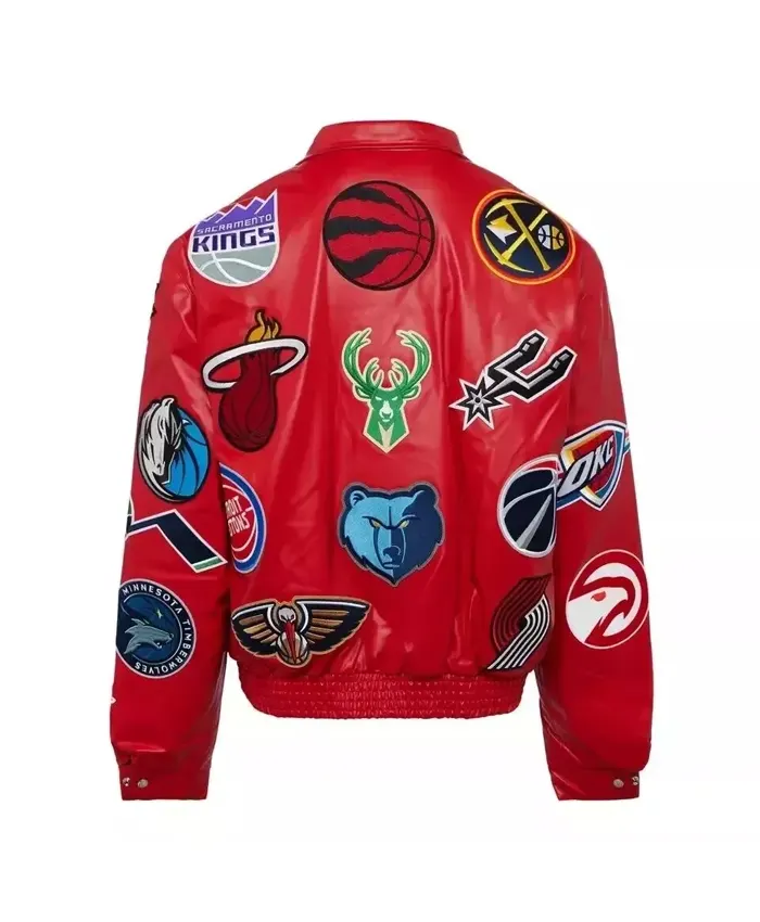 NBA Collage Multi Patches Red Leather Jacket