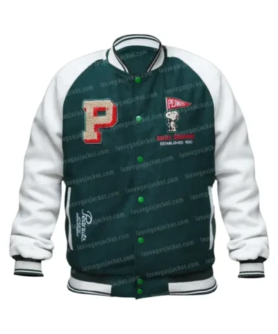Snoopy Peanuts Patch Varsity Bomber Jacket Green