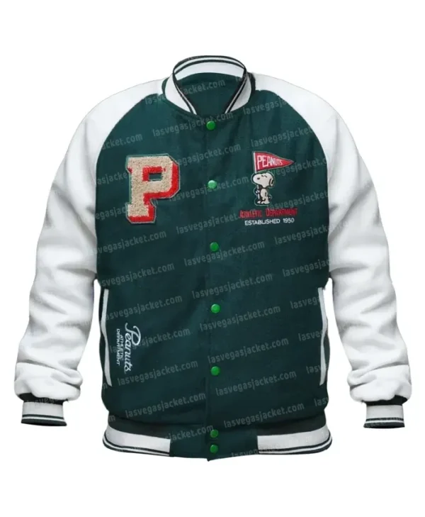 Snoopy Peanuts Patch Varsity Bomber Jacket Green