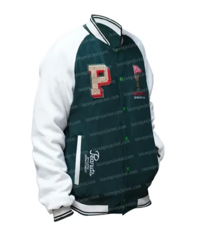 Snoopy Peanuts Patch Varsity Bomber Jacket Green