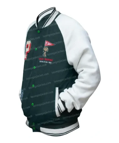 Snoopy Peanuts Patch Varsity Bomber Jacket Green