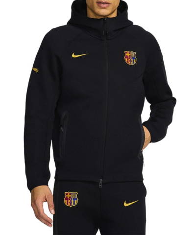 Stay warm in style with the FC Barcelona Tech Black Fleece Jacket, featuring sleek design and club pride perfect for training days or casual wear.