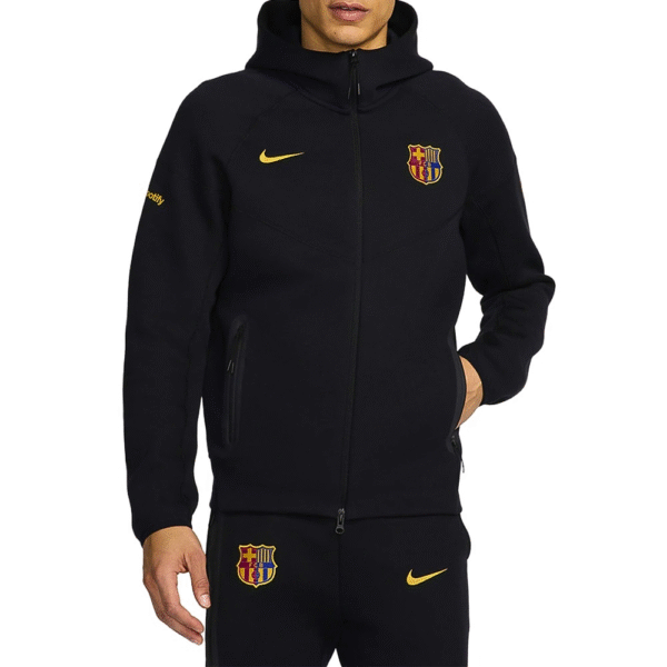 Stay warm in style with the FC Barcelona Tech Black Fleece Jacket, featuring sleek design and club pride perfect for training days or casual wear.